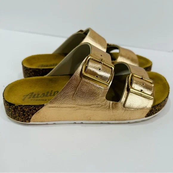 ๐ฉท AUSTIN TRADING CO. WOMENS ROSE GOLD DUAL STRAP CORK SLIDES SIZE 7 GOOD - Picture 10 of 13